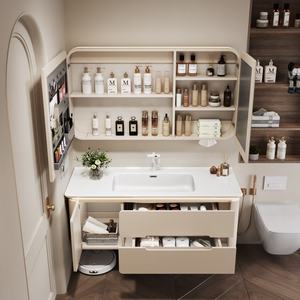 Nuevo gabinete de baño inteligente de madera de caucho con lavabo integrado de cerámica para lavarse las manos - Product Image 5