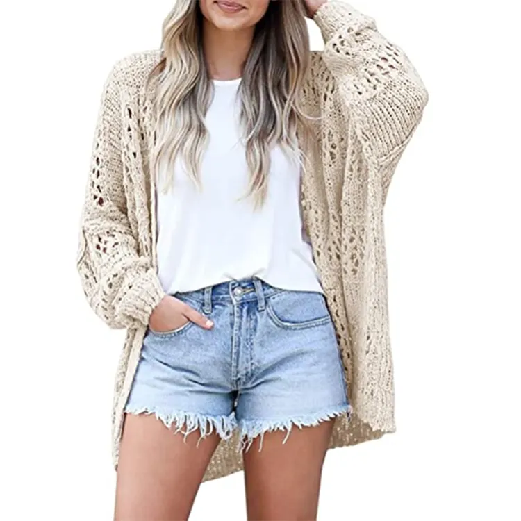 Mulheres primavera verão top exteriores mangas compridas Cardigan Solto plus size Camisola de Malha oco Cardigan malhas