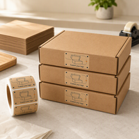 Boîte d'expédition en carton ondulé avec étiquette personnalisée en papier kraft imprimé, design sur mesure, extrémité enroulable, pour emballage de colis.