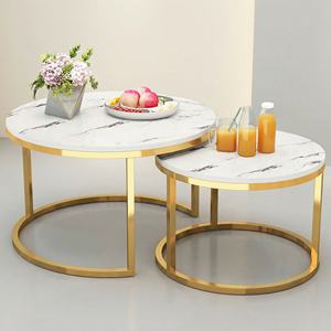 Juego de Mesa de Centro Moderno de <span class=keywords><strong>2</strong></span> Piezas, Mesa de Centro Redonda Encajada con Marco de Metal <span class=keywords><strong>y</strong></span> Tapa de Mármol, Muebles para Sala de Estar - Product Image 1
