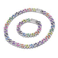 Collar de Joyería Unisex de Moda Europea y Americana, Estilo Hip Hop, con Eslabones Cubanos de Miami, de 12 mm, con Esmalte Arcoíris Neón y Circonitas Cúbicas Iced Out