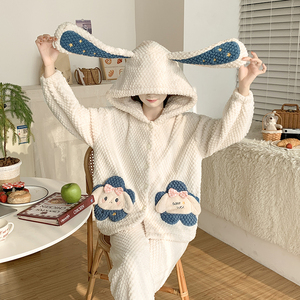 Ensembles de vêtements de nuit 8002 #   Pyjama d'hiver en velours rose à capuche pour <span class=keywords><strong>femme</strong></span>, pyjama chien à grandes oreilles - Product Image 3