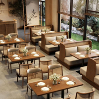 Meubles en bois robustes pour restaurant et café, service de design, table à manger en bois durable avec chaises, canapé, meubles en cuir