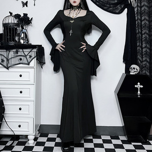 Conjunto <span class=keywords><strong>de</strong></span> <span class=keywords><strong>Disfraz</strong></span> Gótico Oscuro para <span class=keywords><strong>Mujer</strong></span> para Halloween, Estilo Retro Elegante para Club Nocturno, Manga Larga, Cintura Alta, Falda Evase - Product Image 1