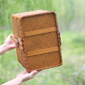 Handmade <b>Bamboo</b> Woven Double Layer Food Box Rectangle Brass Clasp Kitchen Storage Picnic Travel Gift Set - Product Image 4