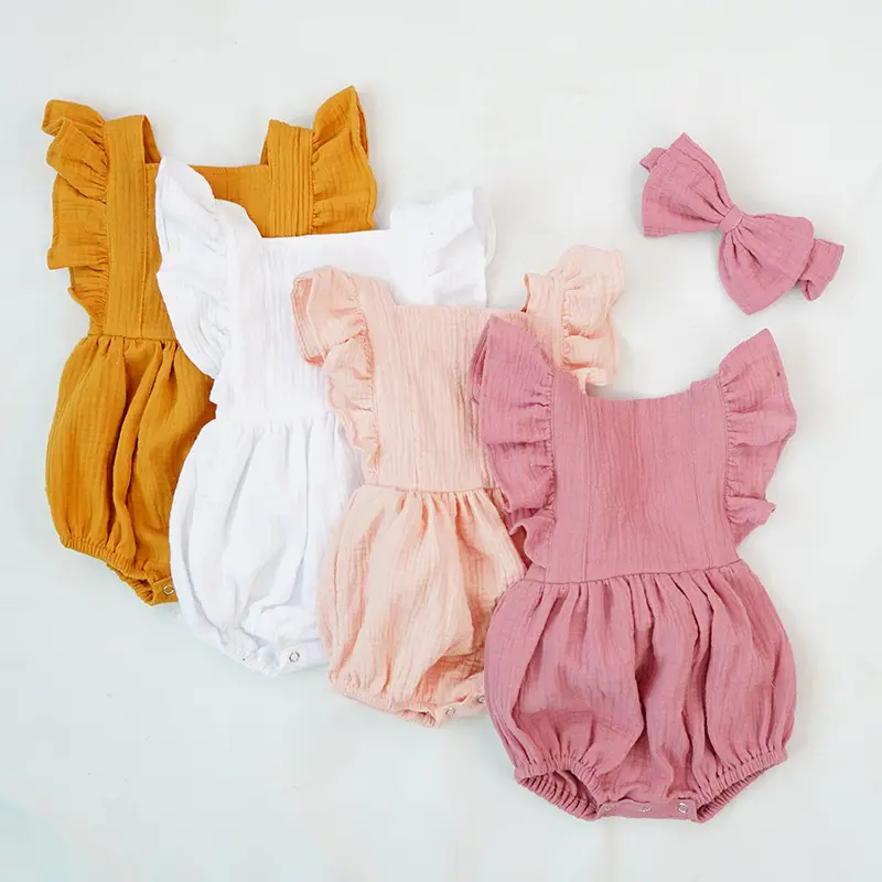 Wholesale Organic Knitted Newborn Clothing Baby Girl Romper Ruffle Jumpsuit Clothes Sleeveless 100% Cotton Fabric Baby Romper