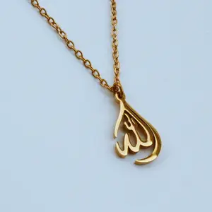 Edelstahl zierliche islamische Tränen Tropfen 18 Karat vergoldet kleine Allah Halskette Anhänger Islam arabische Kalligraphie für Eid Geschenke