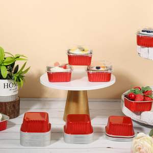 50 علبة صغيرة مربعة للاستعمال مرة واحدة 5 أونصة من رقائق الألومنيوم الحمراء بأغطية مواد حيوانات أليفة حاويات تشيز كيك كب كيك - Product Image 2