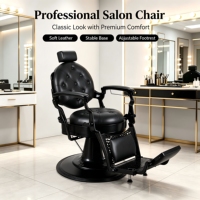 Fauteuil de barbier vintage robuste noir, inclinable hydrauliquement, pivotant à 360°, pour salon de coiffure