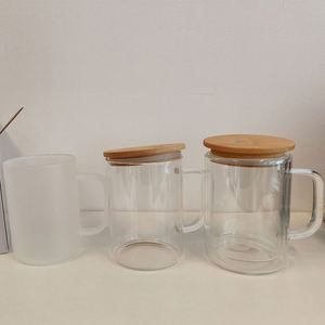 Tasses à café à double paroi pour sublimation, 15 oz, verre à bière transparent DIY avec poignée et couvercles en bambou, vin 16 oz - Product Image 1