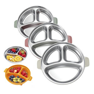Assiette en silicone et acier inoxydable, ronde compartimentée en acier inoxydable 304, vaisselle pour enfants, vaisselle à ventouse pour bébé - Product Image 2