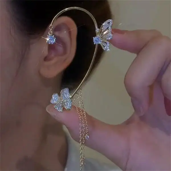 Lấp lánh Zircon hoa bướm Tai xương clip cho phụ nữ mà không piercing tua Tai Cuff Clip bông tai cưới Đồ trang sức