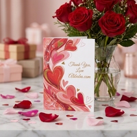 Cartes de remerciement personnalisées pour la Saint-Valentin avec un design de cœur et de rose en feuille d'or |   Cartes de vœux romantiques rouge rose pour cadeau