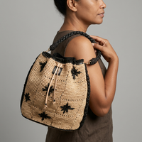 Sac à bandoulière en crochet Aana, broderie étoile noire, style bohème, cordon de serrage, poignée unique, coton, pour tous les jours, été, automne, printemps