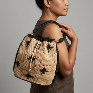 Aana Crochet Shoulder <b>Bag</b> <b>Black</b> Star Embroidery Bohemian Style Drawstring Single Handle Cotton All Seasons Daily Use Beige - Product Image 2