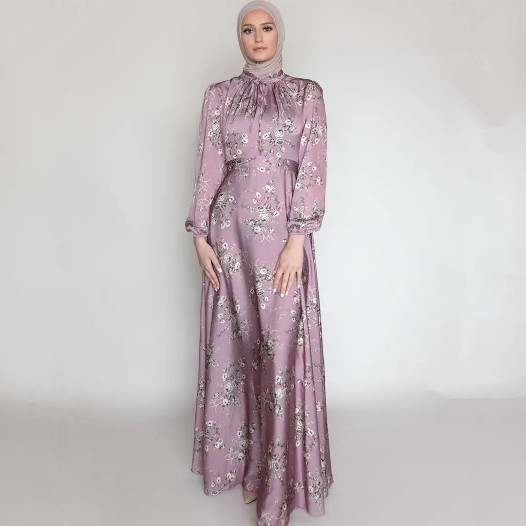 2023 Bloemenprint Bescheiden Moslim Jurk Dubai Kalkoen Bescheiden Jacquard Knop Kaftan Maxi Satijn Abaya Voor Vrouwen