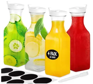 음료수 우유 플라스틱 물병 냉장고 용 투명 음료 용기 50 온스 뚜껑이있는 사각 주스 주전자 50 온스