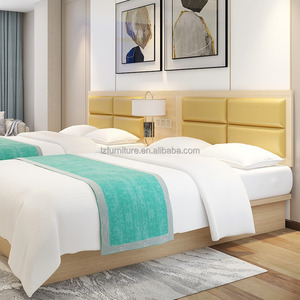 Economical Hotel <b>Bed</b> Twin Size Set Modern Light Wood <b>Platform</b> <b>Bed</b> <b>Frame</b> with Upholstered Headboard Panels & Nighstand - Product Image 5
