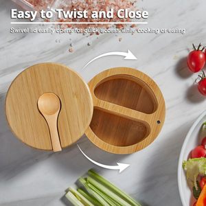 Contenedor de bambú redondo 2 en 1 ecológico, soporte para especias dividido, caja de madera para <span class=keywords><strong>sal</strong></span> y pimienta <span class=keywords><strong>con</strong></span> tapa magnética - Product Image 4
