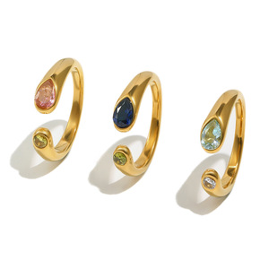 2026 High End Dual Pear Shaped Colored Zircon Set Stainless Steel 18K Gold Plated <b>Adjustable</b> Open Cuff Stackable Finger <b>Ring</b> - Product Image 1