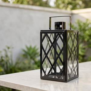 Wholesale <b>Black</b> Nickel Metal Candle <b>Lantern</b> with Stripes Design for Home Tabletop Decoration - Product Image 2