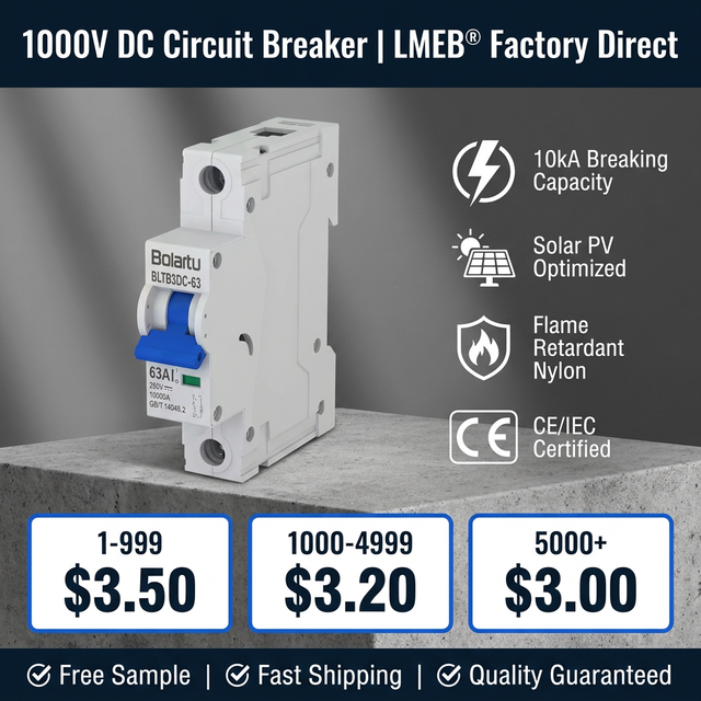 IEC60947-2 Standard 1000V DC Circuit Breaker DIN Rail Mount Photovoltaic System DC Switch 10A-63A Optional