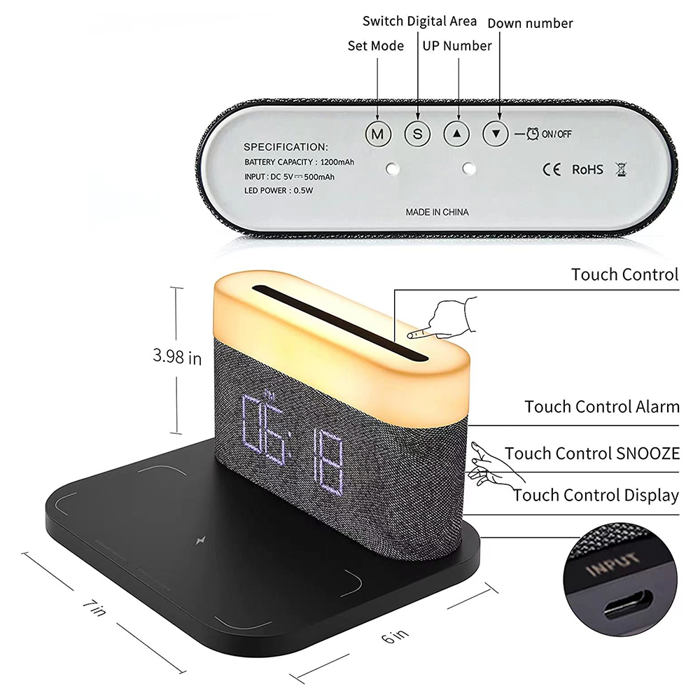 2023 New Tech Desk Bedside 15w Qi Fast Charging 3 in One Digital Alarm Clock Wireless Charger Lamp