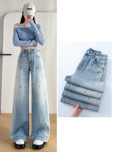 Jean large en denim pour <span class=keywords><strong>femme</strong></span> Huanqiu, taille haute, délavé clair, orné de strass brillants, style streetwear - Product Image 4