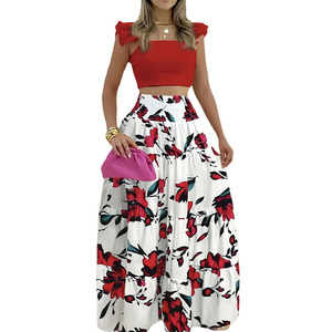 <span class=keywords><strong>Conjunto</strong></span> de 2 piezas <span class=keywords><strong>para</strong></span> mujer al por mayor: Top corto sin mangas con volantes y vestido maxi escalonado con cintura elástica <span class=keywords><strong>para</strong></span> fiesta en la playa o uso diario - Product Image 4