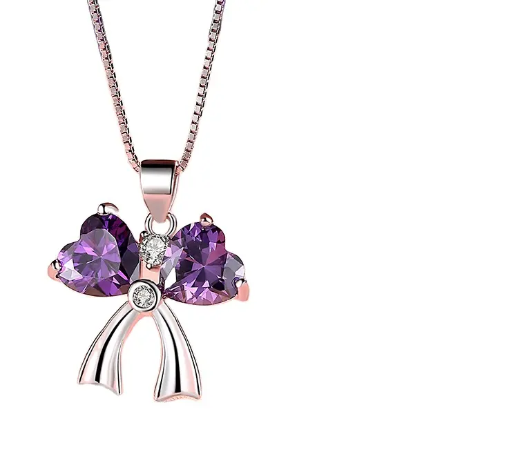 S925 plain silver bow-tie jewelry no chain price necklace with purple diamond trendy new 2021 cheap price good sale in stock