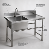 Évier de cuisine professionnel en acier inoxydable 201, simple bac, robuste, avec poste de travail