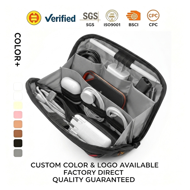 Luxury Tech Organizer Portable Waterproof Double Accessory Carry Case for Cord Charger USB Drive Durable Silk Zipper Travel Bag