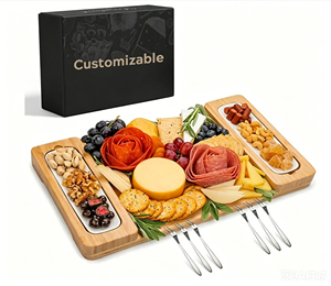 Bamboo <b>Cheese</b> Board <b>Set</b> with Forks & Ceramic Trays, Customizable Charcuterie Serving Board with Gift Box for Parties - Product Image 2