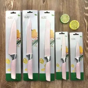 新款7件菜刀套装不锈钢厨师刀套装粉色塑料手柄不粘涂层刀
