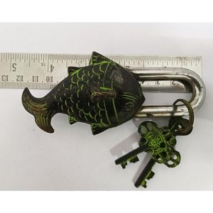 PARIJAT Handicraft Mini Brass <b>Padlocks</b> Functional with Two Keys Beautifully Ornate Fish Monastery Lock Vintage Natural Patina - Product Image 4