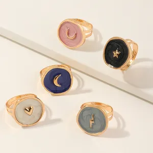 Fashion Girl Party Jewelry Open Cuff Finger Sweet Star Moon Heart Rings for Women Gift Round Enamel Pink Wedding Bands or Rings