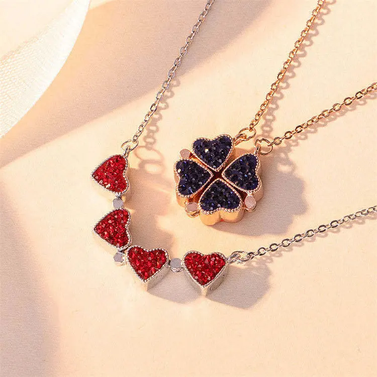 Double Sided Magnetic Simplicity Four Leaf Clover Heart Pendant Necklace For Women