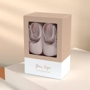 Atacado logotipo personalizado luxo mini bebê sapatos caixa presente rosa meias embalagem caixas com janela