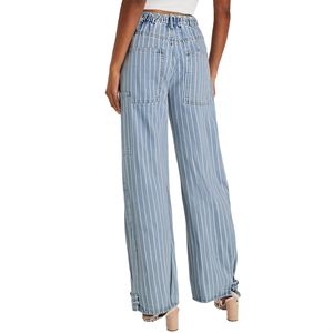 Jeans a Gamba Larga a Righe Azzurre <span class=keywords><strong>2026</strong></span>, Jeans Boyfriend con Coulisse in Vita, Pantaloni Casual in Denim Oversize da Donna - Product Image 2