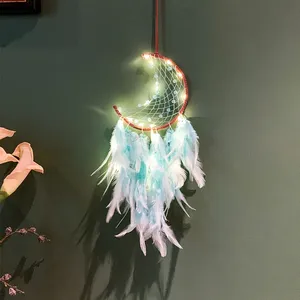 Nhà Máy Giá LED Mới Phong Cách Ấn Độ Dreamcatcher Mặt Trăng Handmade Chuông Gió Trang Trí Tường Trang Trí Phòng Feather Dream Catcher
