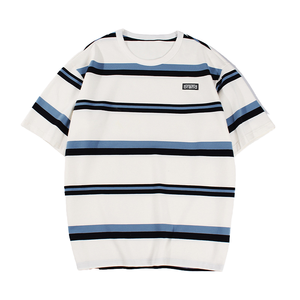 T-shirt décontracté pour homme été 2024, manches courtes, 100% coton, rayures noires et blanches, col rond japonais, coupe ample - Product Image 4