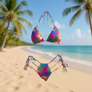 Set bikini HDJ con stampa tropicale, spalline regolabili, allacciatura incrociata sul collo, laccetti laterali, costume da bagno da donna, taglia 42 44 46 48 - Product Image 2