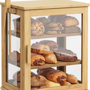 Boîte de rangement à pain en bambou multi-niveaux avec porte en verre, pour comptoir de cuisine, pour boulangerie, pâtisseries et en-cas - Product Image 5
