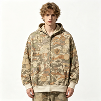 Hoodie Zip Up Heavyweight Vintage Wash Desert Camo Patchwork Distressed Streetwear Retro Fashion Brand Pakaian Grosir