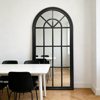 Grand miroir noir et or en bois, style antique, avec grille de fenêtre cintrée, pour chambre, salon, couloir, décoration murale