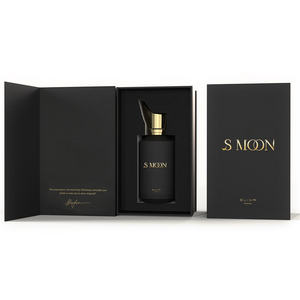 Flacon de parfum en verre givré noir vide personnalisé avec bouchon doré et boîte magnétique, et crème de soin imprimée avec logos - Product Image 4