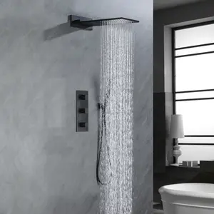 Square Bathroom Shower System Hand Held Black Gold Bathtub Mixer Faucet Tap Smart Waterfall Shower Set