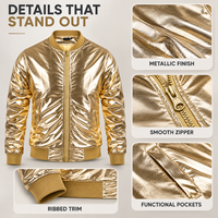 Blouson Bomber Homme Doré Métallisé Personnalisable avec Logo, Style Universitaire, Col Montant Zippé, Streetwear, Hip Hop, Disco, Vêtement d'extérieur pour Fêtes