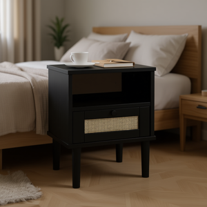 Comodino Senja in legno massello nero 15,7x13,8x18,9 pollici con cassetto effetto rattan, mobile da camera da letto - Product Image 2
