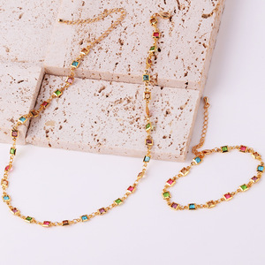 Wholesale 18K Gold Plated <b>Copper</b> Neck Jewelry Square Multi Color Zircon Inlay Thin Anti-fade Trendy Versatile Waterproof <b>Chain</b> - Product Image 4